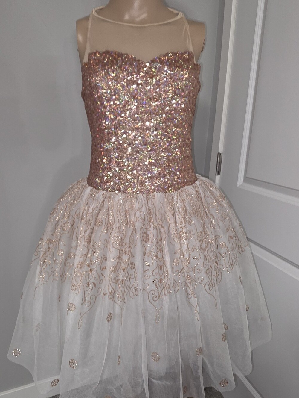 Sparkling Rose Gold Sequin Formal Dress with Ivory Tulle Skirt